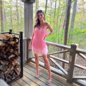 NADINE MERABI SIZE SMALL LOTTIE BEADED FEATHER MINI DRESS